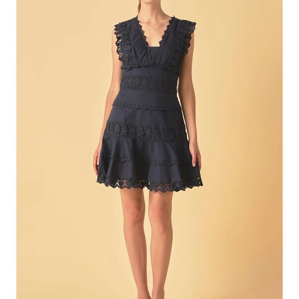 Plunging Neck Lace Trim Dress NWT M